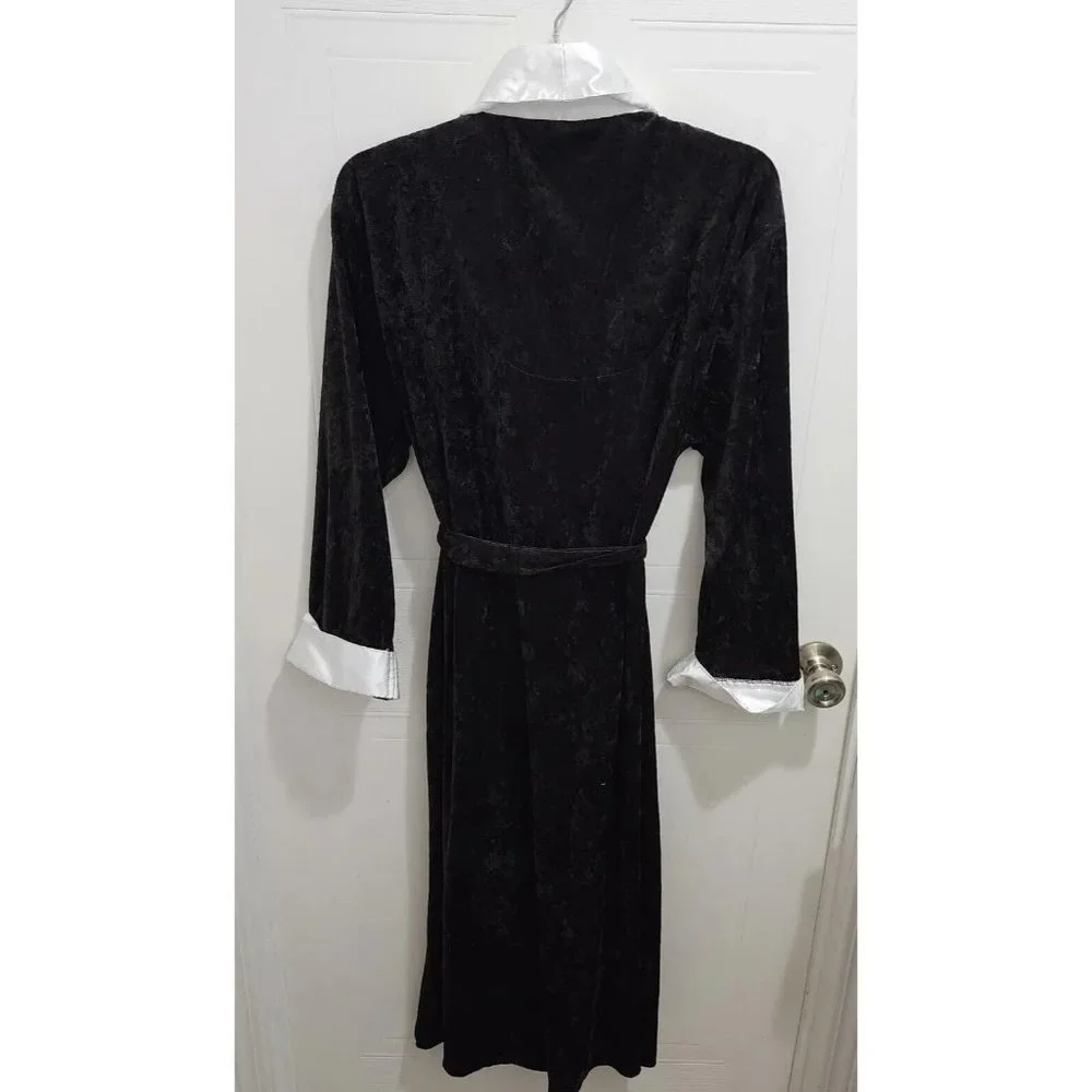 Vintage Audrey Lane Women's Black Velvet Robe White Satin Trim Belted‎ Sz Medium